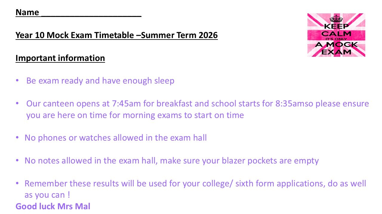 Year 10 mocks  June   updated May